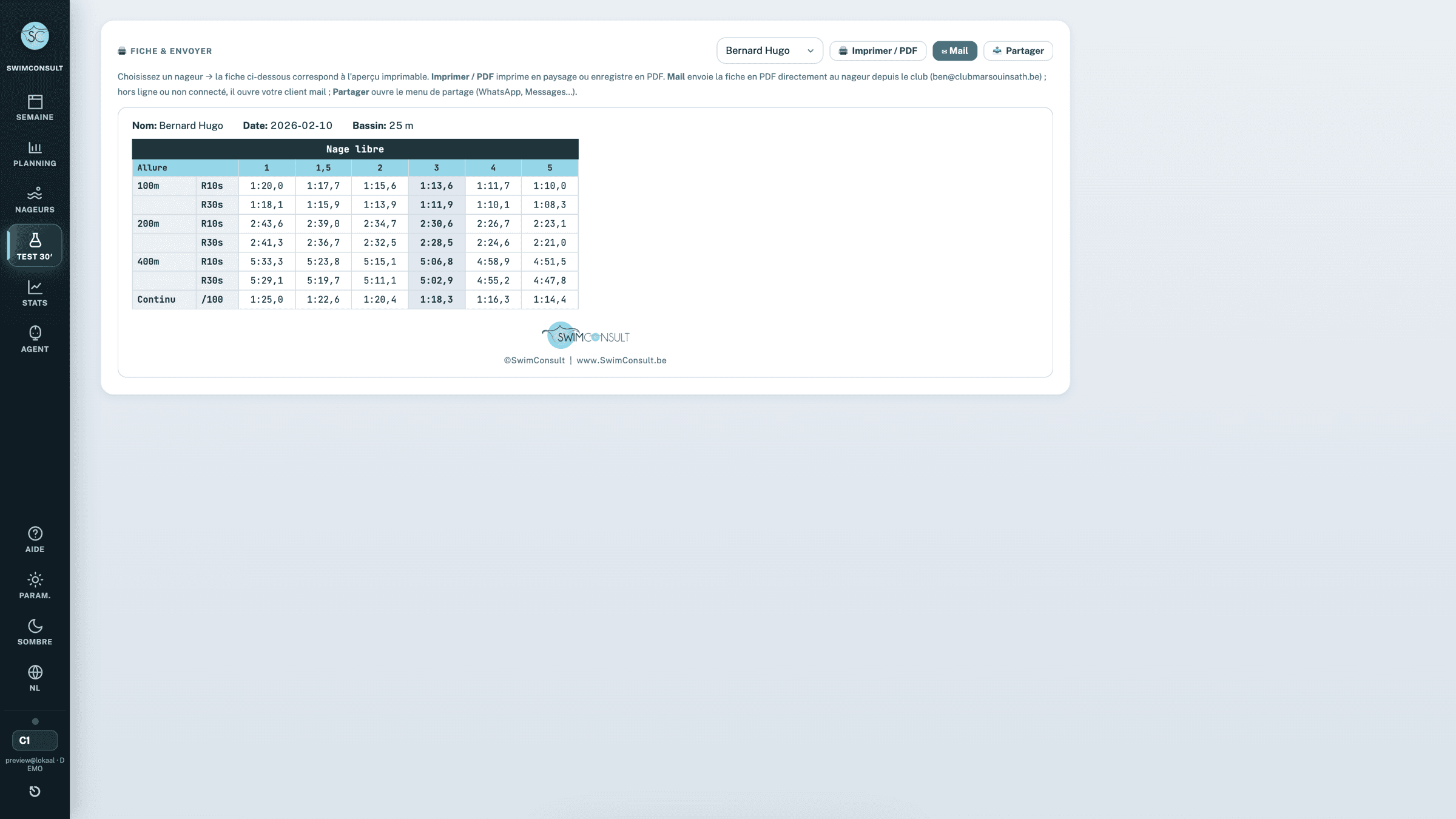 Fiche individuelle de temps dans SwimConsult.