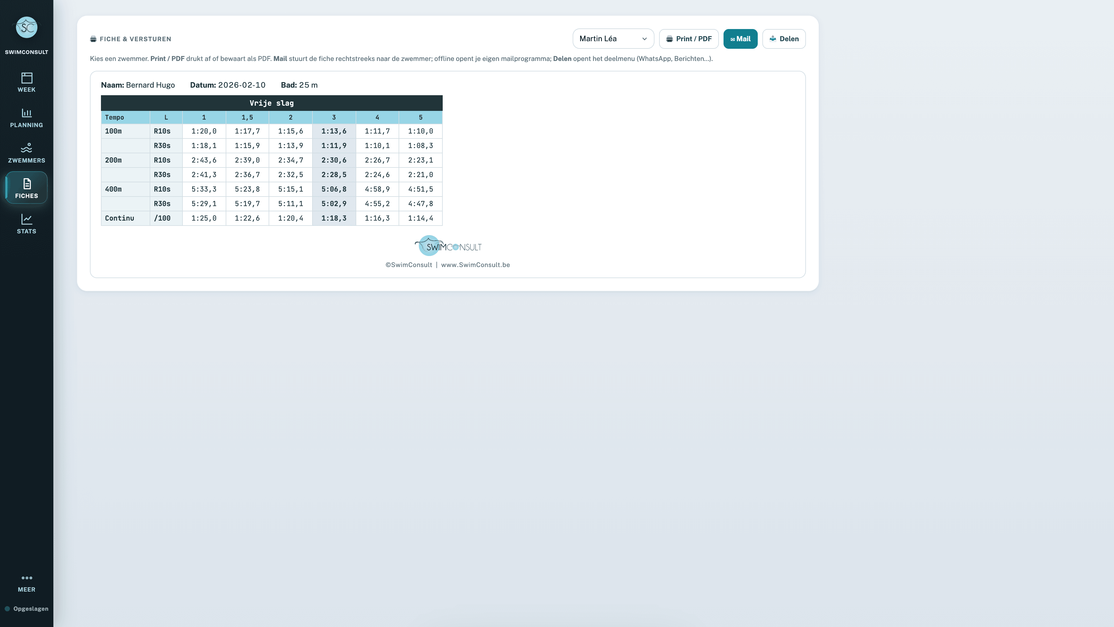 Individuele tijdenfiche in SwimConsult.