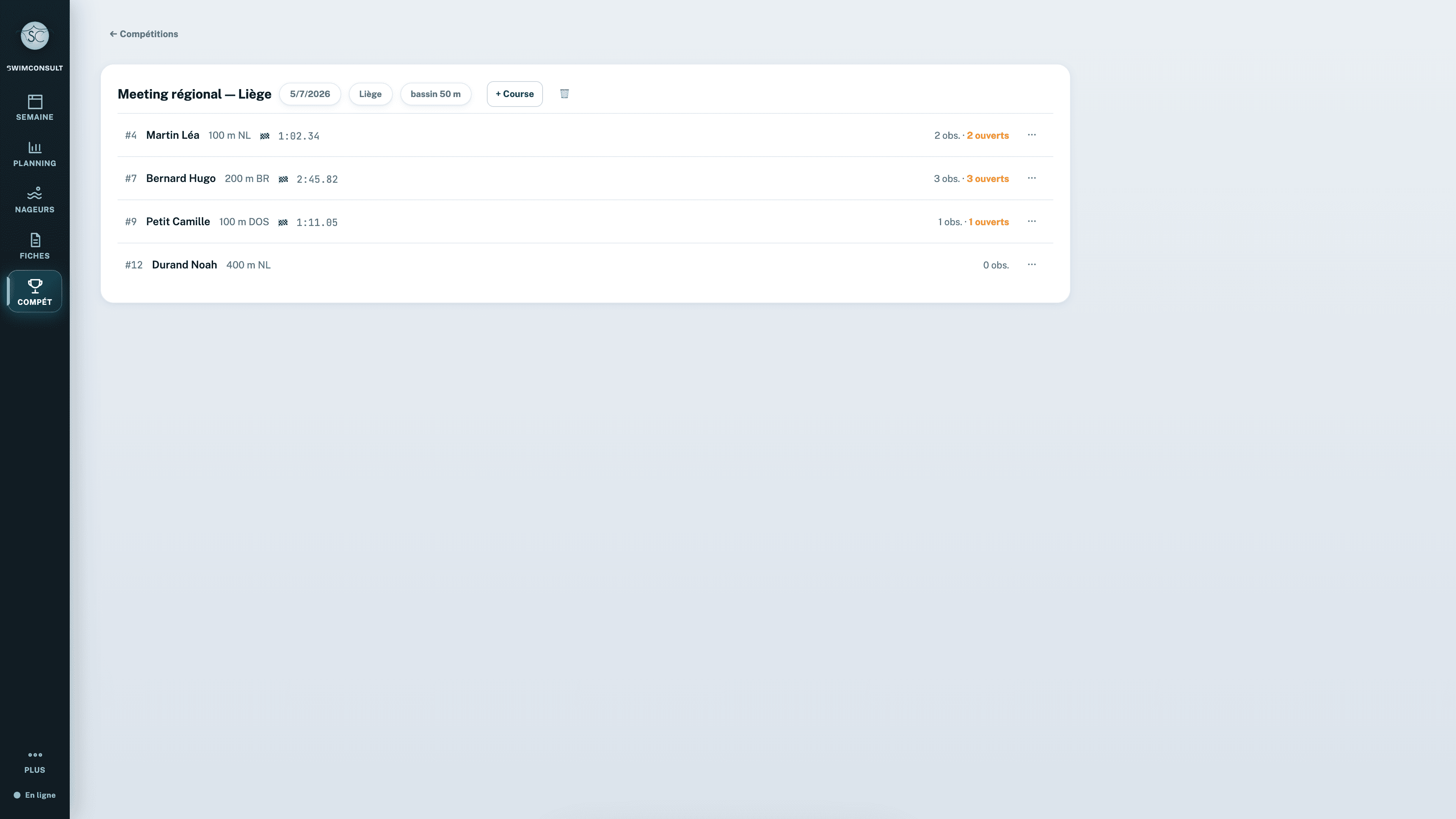 Vue compétition de SwimConsult : les courses importées et le carnet d'observations.