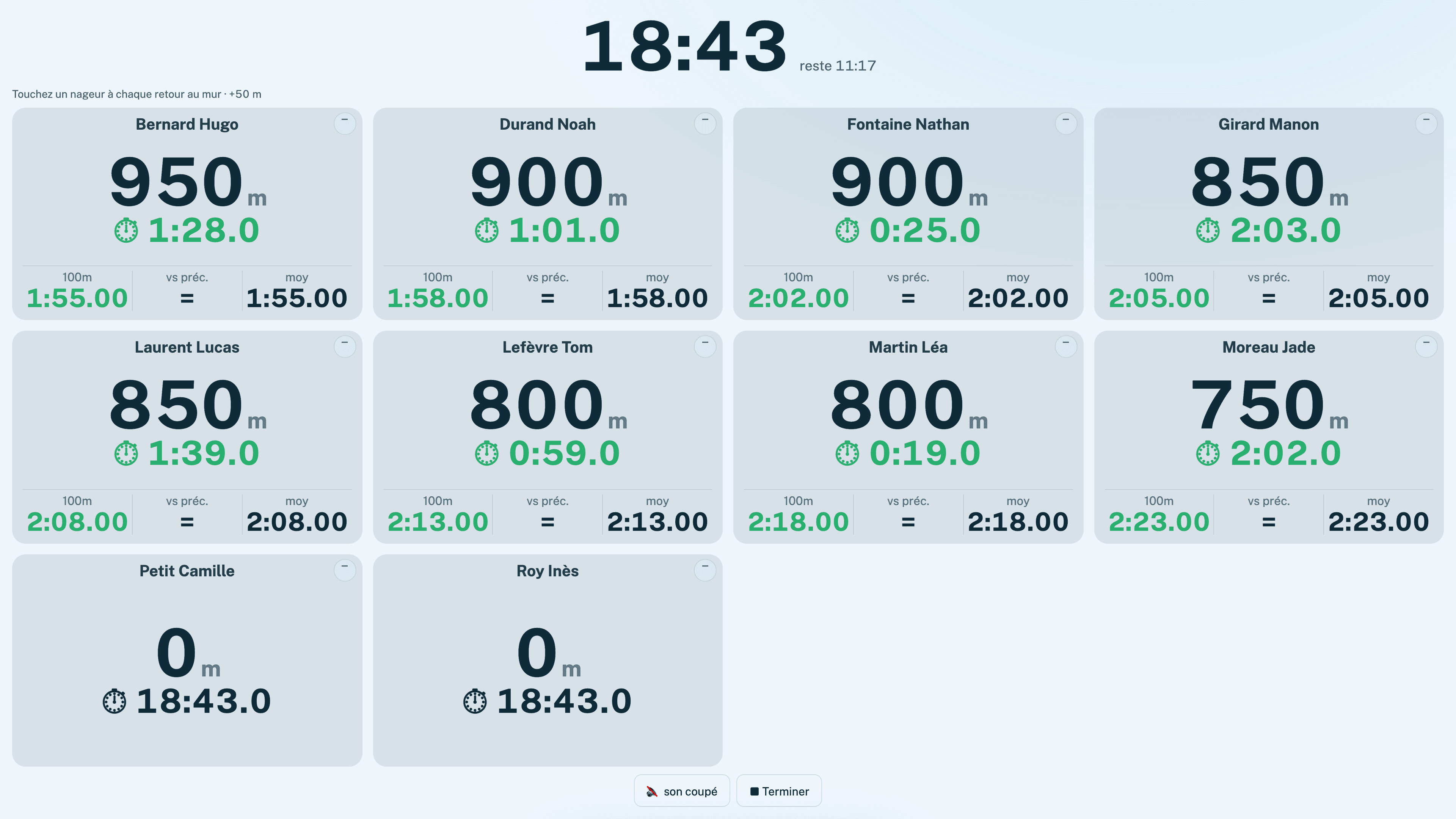 Test 30′ en direct dans SwimConsult : une tuile par nageur avec les temps qui défilent.